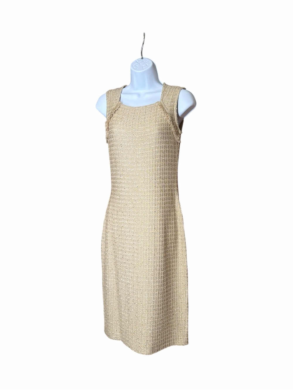 St. John Beige  Boucle Gold Thread Intertwined Sequin Sleeveless Sheath Dress